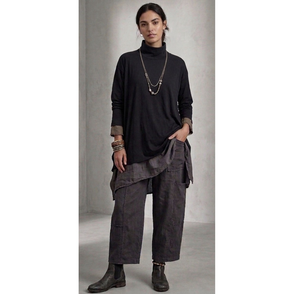 Eileen Fisher Black Funnel Neck Tunic Top Size XS Sweatshirt Boxy Lagenlook
